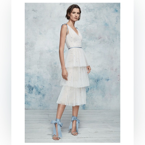 Marchesa Notte NWT - white ruffle dress with embroidered light blue polka dots - Picture 2 of 7